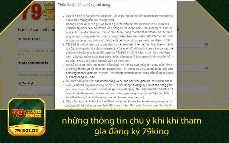 những thông tin chú ý khi khi tham gia đăng ký 79king